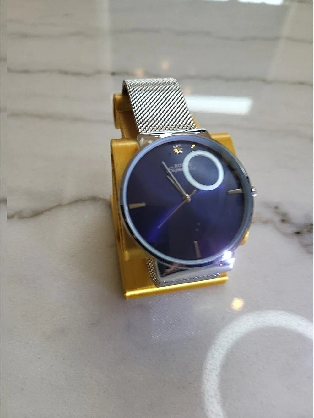 Rogue Signature Watch Silver With Blue Face Mesh Band Stainless Steel